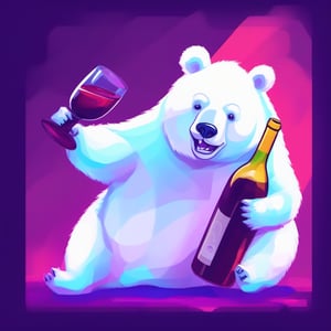 /imagine prompt: A happy white bear drinking from a bottle of wine., neon colors, 16k, flat design, opalescent