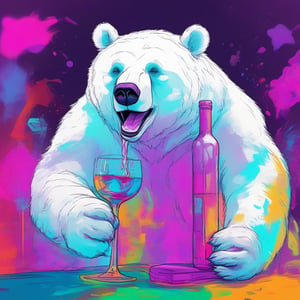 /imagine prompt: happy white bear drinking from a bottle of wine, neon colors, 16k, flat design, opalescent, comic strips, blacklight painting, marker art
