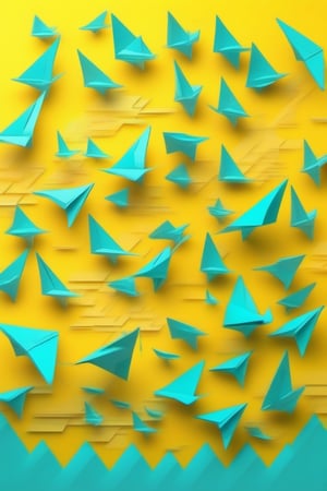 many paper planes on a yellow background, illustration, pixel art, Anaglyph, 3d printing, acrylic painting, auburn color, aqua colors, acidwave, acrylic glass, bamboo, ascii art, 