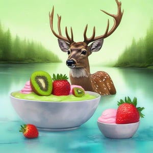 /imagine prompt: a deer eating a strawberry and kiwi ice cream., bay background, alcohol ink, 16 bit
