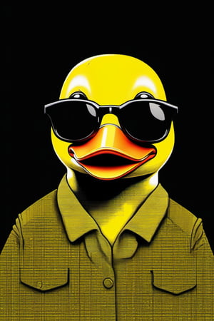 
/imagine prompt: a rubber duck on a black background with black glasses, ascii art, bold colors, canary yellow, isometric