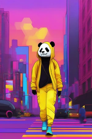 
/imagine prompt: a panda with a yellow casual outfit walking through new york with a sunset., androgynous outfit, 1100s, black light painting, candy colors, colorful, geometric illustration