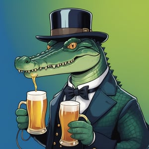 /imagine prompt: /imagine prompt: A dark green crocodile from the front with a monocle and a black hat turning to look straight ahead, serious against a blue background, trying to drink a beer from a German glass., electric colors, comic, 16 bit, album cover