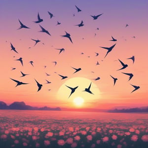 /imagine prompt: multiple swallows flying into the sunset., flat design, opalescent, flower field background, bay background --tile
