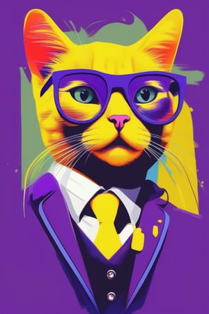 /imagine prompt: a cat with a suit with colorful glasses., ultraviolet painting, canary yellow, 2d, caricature, flat design
