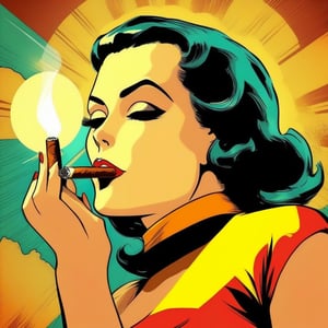 Retro Comic Style Pop Art a woman lighting a cigar,  retro colors,  bright colors,  pop art,  vintage comic
