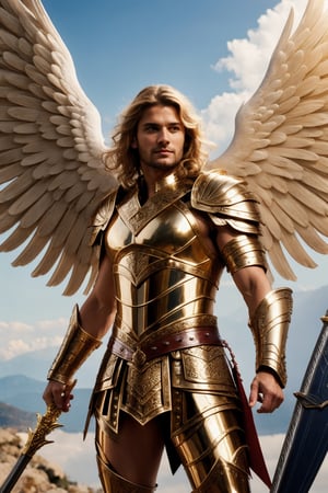 St. Michael the Archangel, angel with Roman armor, handsome greek god, gorgeous eyes, tanned skin, muscled figure, stunningly handsome, alpha, attractive, Roman armor outfit with extreme detail, dynamic poses ,4k, ultra hd, Anna Dittmann, hyperrealism, trending on artstation, polished, beautiful, vibrant, photorealistic, backlight, hair light, 8k ultra hd, unreal engine 5, holds a detailed flaming sword, angel wings