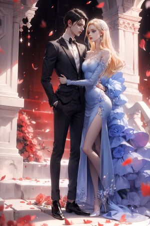 (asterpiece:1.2, best quality), (Soft light), (shiny skin), duo, 2person, couple_(romantic), man_short_black_hair, black_hair_boy, Black_hair, hateful look, 1man, 1girl, eye_lashes, collarbone, victorian, blue eyes, blonde_long_ hair_girl, black_short_hair_man, royalty background, formal dress, flowers petals, hugging, balcony, red background, intense background, complex background, looking at each other, dramatic pose, full_body, Black dress