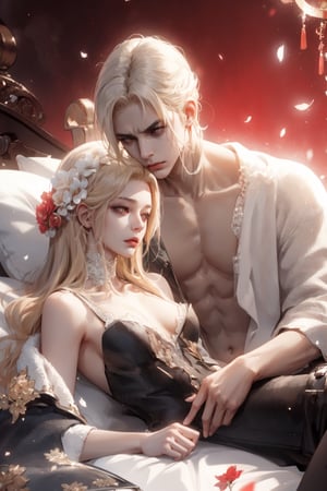 (asterpiece:1.2, best quality), (Soft light), (shiny skin), duo, 2person, couple_(romantic), laying on the bed, man_short_black_hair, black_hair_boy, short_black_hair, hateful look, 1man, 1girl, eye_lashes, collarbone, victorian, tosca eyes, blonde_long_ hair_girl, black_short_hair_man, blonde_hair_girl, royalty background, flowers petals, red background, intense background, complex background, lay on the bed, sad face, almost naked,c.c, backhug, towels, couple, blonde girl, blonde hair girl, pillow talk, blonde_girl, Black_hair_man,plaindoll, white hair