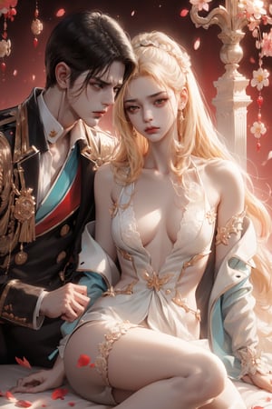 (asterpiece:1.2, best quality), (Soft light), (shiny skin), duo, 2person, couple_(romantic), laying on the bed, man_short_black_hair, black_hair_boy, short_black_hair, hateful look, 1man, 1girl, eye_lashes, collarbone, victorian, tosca eyes, blonde_long_ hair_girl, black_short_hair_man, blonde_hair_girl, royalty background, flowers petals, red background, intense background, complex background, looking at each other, lay on the bed, sad face, almost naked, naked, no_clothes, nude,c.c.