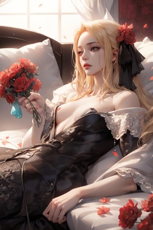 (asterpiece:1.2, best quality), (Soft light), (shiny skin), duo, 2person, couple_(romantic), laying on the bed, man_short_black_hair, black_hair_boy, short_black_hair, hateful look, 1man, 1girl, eye_lashes, collarbone, victorian, tosca eyes, blonde_long_ hair_girl, black_short_hair_man, blonde_hair_girl, royalty background, flowers petals, red background, intense background, complex background, lay on the bed, sad face, almost naked,c.c, backhug, towels, couple, blonde girl, blonde hair girl, pillow talk, blonde_girl, Black_hair_man,