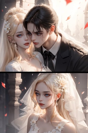 (asterpiece:1.2, best quality), (Soft light), (shiny skin), duo, kissing, 2person, couple_(romantic), man_short_black_hair, black_hair_boy, Black_hair, hateful look, 1man, 1girl, eye_lashes, collarbone, victorian, blue eyes, blonde_long_ hair_girl, black_short_hair_man, royalty background, flowers petals, curch, kissing, french_kiss, wedding dress, wedding, midnight, couple_(romantic), romantic_duo, blondehairgirl, blonde hair girl, kissing, high_resolution, detailed, black-hair-man, long dress wedding