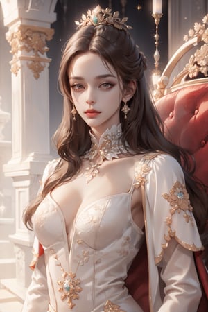 (asterpiece:1.2, best quality), (Soft light), (shiny skin), 1woman, old woman, eyelashes, royalty, old face, formal dress, trone, mature face, victorian, brown_hair, updo hair, royalty background, side look, white dress, formal dress,yejiltzy,weiboZH, queen,