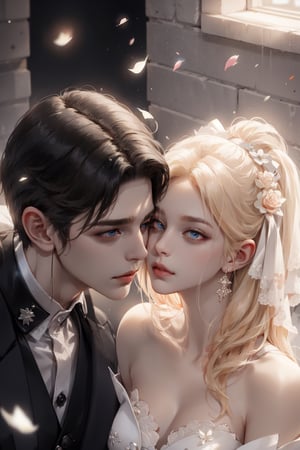 (asterpiece:1.2, best quality), (Soft light), (shiny skin), duo, kissing, 2person, couple_(romantic), man_short_black_hair, black_hair_boy, Black_hair, hateful look, 1man, 1girl, eye_lashes, collarbone, victorian, blue eyes, blonde_long_ hair_girl, black_short_hair_man, royalty background, flowers petals, french_kiss, sitting on the bed, kissing, french_kiss, wedding dress, wedding, midnight, couple_(romantic), romantic_duo, blondehairgirl, blonde hair girl, kissing, high_resolution, detailed, 