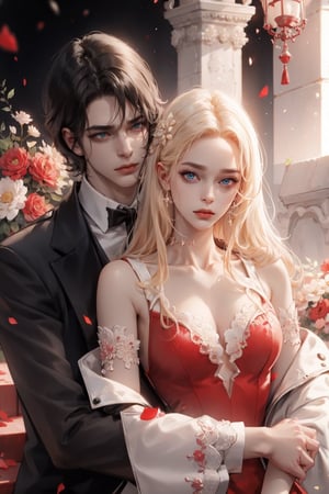 (asterpiece:1.2, best quality), (Soft light), (shiny skin), duo, 2person, couple_(romantic), man_short_black_hair, black_hair_boy, Black_hair, hateful look, 1man, 1girl, eye_lashes, collarbone, victorian, blue eyes, blonde_long_ hair_girl, black_short_hair_man, royalty background, formal dress, flowers petals, hugging, balcony, red background 