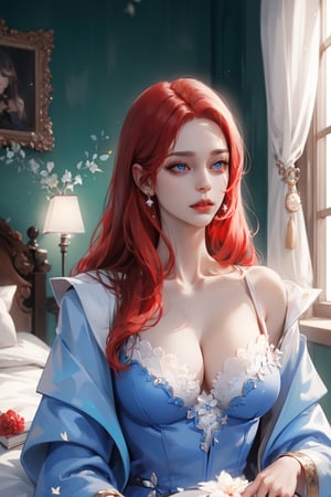 (asterpiece:1.2, best quality), (Soft light), (shiny skin), 1woman, eyelashes, cleavage, collarbone, victorian, blue eyes, red_long_ hair, royalty background, side look, tosca dress, formal dress, bedroom, blowjob, sexual look, red hair