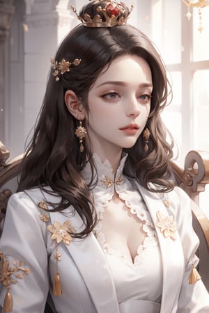 (asterpiece:1.2, best quality), (Soft light), (shiny skin), 1woman, old woman, eyelashes, royalty, old face, formal dress, trone, mature face, victorian, brown_hair, updo, royalty background, side look, white dress, formal dress,yejiltzy,weiboZH, queen, princess crown