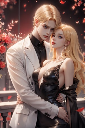 (asterpiece:1.2, best quality), (Soft light), (shiny skin), duo, 2person, couple_(romantic), man_short_black_hair, black_hair_boy, Black_hair, hateful look, 1man, 1girl, eye_lashes, collarbone, victorian, blue eyes, blonde_long_ hair_girl, black_short_hair_man, royalty background, formal dress, flowers petals, hugging, balcony, red background, intense background, complex background, looking at each other, dramatic pose, full_body, Black dress