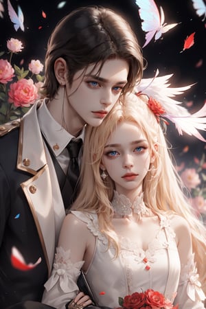 (asterpiece:1.2, best quality), (Soft light), (shiny skin), duo, 2person, couple_(romantic), man_short_black_hair, black_hair_boy, Black_hair, hateful look, 1man, 1girl, eye_lashes, collarbone, victorian, blue eyes, blonde_long_ hair_girl, black_short_hair_man, royalty background, formal dress, flowers petals, hugging, balcony, red background 