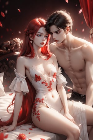 (asterpiece:1.2, best quality), (Soft light), (shiny skin), duo, 2person, couple_(romantic), laying on the bed, man_short_black_hair, black_hair_boy, short_black_hair, hateful look, 1man, 1girl, eye_lashes, collarbone, victorian, blue eyes, red_long_ hair_girl, black_short_hair_man, red_hair_girl, royalty background, flowers petals, red background, intense background, complex background, looking at each other, lay on the bed, sad face, almost naked, naked, no_clothes, nude,c.c.