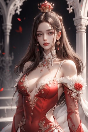 (asterpiece:1.2, best quality), (Soft light), (shiny skin), 1woman, eyelashes, royalty, old face, mature_woman, formal dress, trone, mature face, victorian, brown_hair, updo, royalty background, side look, red dress, formal dress,yejiltzy,weiboZH, queen, crown