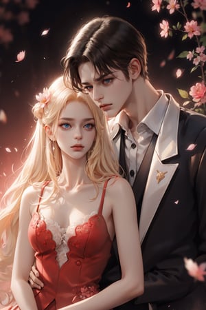 (asterpiece:1.2, best quality), (Soft light), (shiny skin), duo, 2person, couple_(romantic), man_short_black_hair, black_hair_boy, Black_hair, hateful look, 1man, 1girl, eye_lashes, collarbone, victorian, blue eyes, blonde_long_ hair_girl, black_short_hair_man, royalty background, formal dress, flowers petals, hugging, balcony, red background, intense background, complex background, looking at each other, dramatic pose