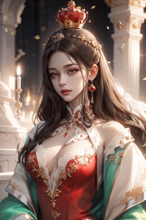 (asterpiece:1.2, best quality), (Soft light), (shiny skin), 1woman, eyelashes, royalty, old face, formal dress, trone, mature face, victorian, brown_hair, updo, royalty background, side look, red dress, formal dress,yejiltzy,weiboZH, queen, crown