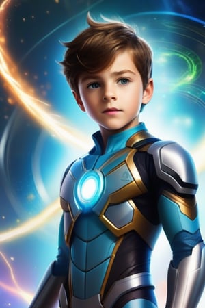 A boy with a timemachine suit in his body , energy surging throgh his chest