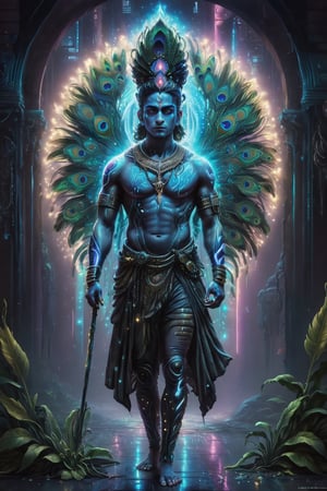 A detailed, hyper-realistic, full body painting of Lord Krishna in the future,He is standing in a neon-lit cyberpunk temple, in the night time, his peacock feather glowing in his head, and there is a magestic softlight reflecting from his back.