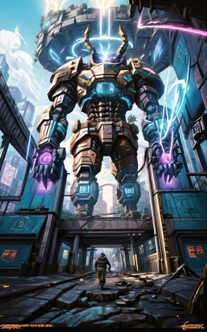 Amidst the neon-lit cityscape, BheemBreach strides forward, an embodiment of power and equilibrium. His modern Kshatriya armor shimmers with a blend of circuitry and ancient motifs, a bridge between eras. As he charges ahead, his colossal mace strikes the ground, sending shockwaves of energy rippling through the cyber-metropolis. Debris rises, forming a temporary barrier, while the ground cracks with technicolor brilliance. The urban environment bows to his presence, a fusion of Bhima's legacy and Breach's prowess, as he carves a path through the future with seismic might,cloudstick