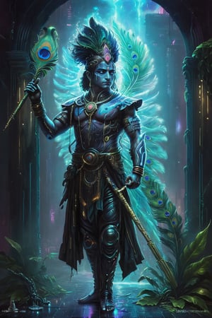 A detailed, hyper-realistic painting of side facing  Lord Krishna in the future. He is standing in a neon-lit cyberpunk temple, in the night time, his peacock feather glowsin his head, he is holding a flute in his one hand, on another hand he makes a fist gesture and there is amagestic softlight reflecting from his back.