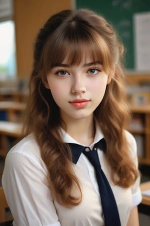 masterpiece, high quality realistic, realistic aesthetic photo ,(HDR:1.2), pore and detailed, intricate detailed, graceful and beautiful textures, RAW photo, 16K, sharp forcus, warm tone, vibrant colors, (head to waist portrait), in the classroom, bright atmosphere, girl fused on Imperial-Topaz, cute face, little-smile, detailed eyes, light-brown medium hair, curled bangs, juicy lips, fair oily skin, collared shirt,skirt