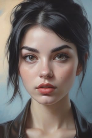 Intricate portrait of a woman with round head, short jet black hair, bushy eyebrows, long eyelashes, big honey eyes, mischievous nose, medium mouth, full lips and light, soft skin, fantasy, dramatic makeup, intricate, stunning and highly detailed girl by artgerm and edouard bisson, highly detailed oil painting, she wears a light brown turtleneck top with a small diamond pendant. On a light blue background. There are subtle shadows that add depth to the painting, in the background you can see a blue sky and some white clouds