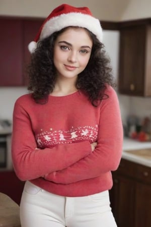 Detail in eyes, detailed face, more detail. (1 girl, young woman, curvy, medium breasts, medium butt, thick thighs, wide hips, voluptuous).

Raw head to hip photo of a lovely 30 year old woman, in a natural and relaxed pose. The scene takes place in a warm and cozy kitchen, providing a homely touch to the entire composition.

The model is standing naturally, looking directly at the viewer. A knowing smile lights up her face.

The model sports beautiful black hair, extremely curly and slightly frizzy that elegantly reaches the middle of her back. The deep black curls are very defined and give a voluminous and textured look.

Her expressive and attractive face with light makeup on her reveals large olive green eyes with a captivating look. Well-defined eyebrows elegantly frame her eyes and her nose is straight and proportional. She has a small mouth with well-defined pale pink lips. Its soft contours define her jaw and chin, contributing to a balanced and attractive face.

The model's fair, smooth skin extends across her face and body, with round, dimpled cheeks and chin, and a comfortable, relaxed posture.

She is wearing a red sweater and white pants, a classic red and white Christmas coat, and a red and white Christmas hat. to add a festive touch to the scene. REALISTIC.,REAL GIRL beta