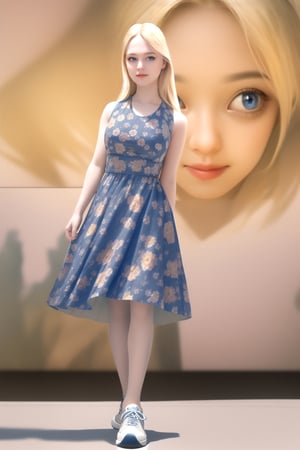 realistic Big blue eyes, she looks like Melissa Joan Hart, Golden blonde hair color
She wears a sleeveless, floral dress with sneakers and has a sly smile.
Please generate an image without any physical defects or abnormalities.
try the 'California highlights' technique on her hair, she is standing 
Please detail her face well

