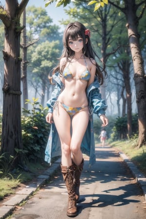 主: (foggy woods), ((Full body image)),
人：1litte 1kid 7yo gril (Child:1.2),
髮：(long hair),
服: (((bikini with beautiful pattern))),(boots),(((deep V low neckline))),Ancient costume