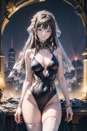 主：(((Thigh to upper body photo))), 
特：(((Colorful and magical doomsday city))), (masterpiece, highest quality, extreme detailed, best quality, official art, beautiful and aesthetic:1.2), (1girl), extreme detailed,(fractal art:1.3),colorful,highest detailed,High detailed,With a very high artistic composition style, 
髮：(((long hair))), 
服：((((Super transparent one-piece swimsuit made of white tulle))), (The white one-piece swimsuit has beautiful embroidery patterns on it),(((deep V low neckline))),(((compression stockings))),(((Transparent lace veil))),