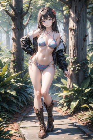 主: (foggy woods), ((Full body image)),
人：1litte 1kid 7yo gril (Child:1.2),
髮：(long hair),
服: (((bikini with beautiful pattern))),(boots),(((deep V low neckline))),Ancient costume