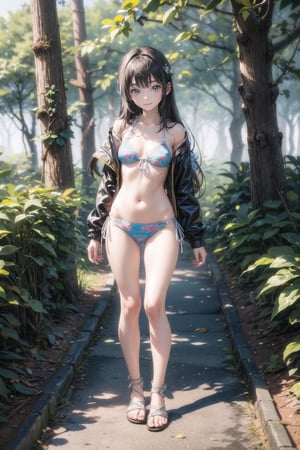 主: (foggy woods), ((Full body image)),
人：1litte 1kid 7yo gril (Child:1.2),
髮：(long hair),
服: (((bikini with beautiful pattern))),