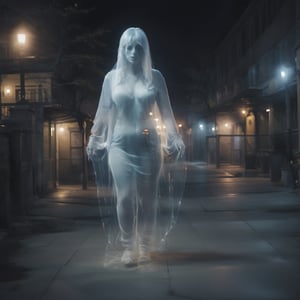 a photo of transparent ghost woman big breast wide hips walking at night