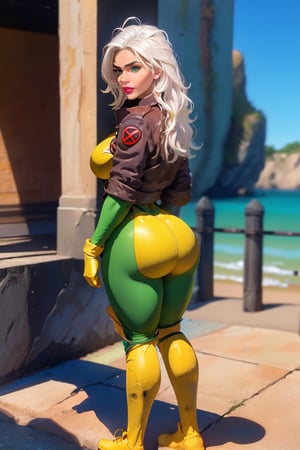 Rear view, 8k, best quality, real picture, intricate details, ultra-detailed, ultra highres, depth field,(photorealistic,realistic:1.2), masterpiece,, full body, large ass, large breast, rogue, green eyes, white hair, multicolor hair, messy hair, long hair, wavy hair, headband, bodysuit, lipstick, yellow gloves, solo_female, sun, blue sky, best quality, realistic, photorealistic, (intricate details:1.2), (delicate detailed), (cinematic light), clear line, sharp focus, realistic face, detailed body, unity 8k wallpaper, ultra high res, (photorealistic:1.4), looking at viewer ,round ass,Rogue,CARTOON_X_MENs_Rogue,ownwaifu, shiny lips
