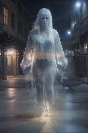 a photo of transparent ghost woman huge breast wide hips walking at night