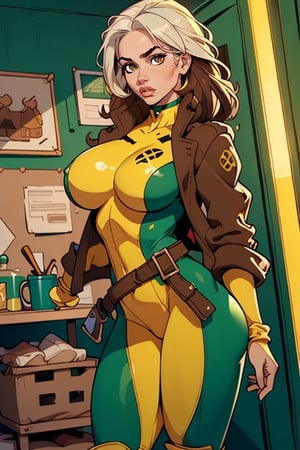 Masterpiece, Best Quality, perfect breasts, perfect face, perfect composition, UHD, 4k, ((1girl)), Rogue, (((green and yellow bodysuit))), in the dangerroom, busty woman, great legs, thick thighs, brown and white hair, ((natural breasts)), (((brown eyes))), CARTOON_X_MENs_Rogue, two-tone hair, jacket