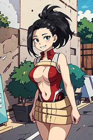 masterpiece, best quality, highres, 1girl, yaoyorozu momo, black hair, ponytail, hair pulled back, black eyes, large breasts, red leotard, navel, bare arms, bare legs, belt, , smile, standing, cowboy shot, straight-on, arms at sides, looking at viewer, outdoors, navel cutout,cartoon