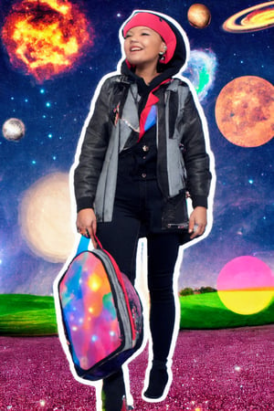 Ramona_Flowers,short hair,black eyes,1girl, solo, Large breasts,looking at viewer,smile,BREAKgoggles on head, hoodie,grey jacket,long sleeves,shoulder bag,star (symbol),belt,denim skirt,purple pantyhose, thick thighs (galaxy background,star \(sky\),sky, space, starry sky, galaxy, wide-eyed:1.3),from above, , 1girl