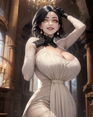 Alcina,yellow eyes,black hair,short hair,white dress,single earring,cleavage,black gloves,veiny,upper body,standing,curvy,arms up,covered nipples,see-through shirt,castle,indoors,night,looking at viewer,smile,(insanely detailed, beautiful detailed face, beautiful detailed eyes, masterpiece, best quality),solo,,alcina,dimitrescu