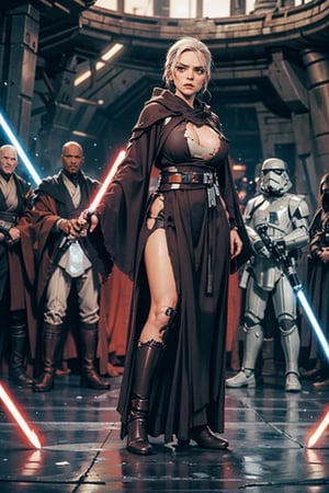 Jedi, Master, female_Warrior, female Knight, Torn_Cloak, Dark Clothes, Fight_Traces, 1 girl, (Multiple_Enemies,surrounded_Enemies),hourglass_figure,in jedioutfit, busty, ((big breast)), torn clothes,light_saber,black dress,cloth pieces,storm trooper
