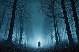 high definition, crisp quality, horror, dark, surreal, Weird, Wendigo, humanoid, extremely foggy, misty, cloudy_sky, night, trees around,monster, moving between the trees, creepy, Graphic novel,