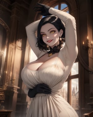 Alcina,yellow eyes,black hair,short hair,white dress,single earring,cleavage,black gloves,veiny,upper body,standing,curvy,arms up,covered nipples,see-through shirt,castle,indoors,night,looking at viewer,smile,(insanely detailed, beautiful detailed face, beautiful detailed eyes, masterpiece, best quality),solo,,alcina,dimitrescu