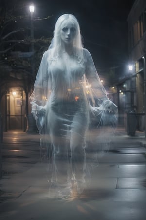 a photo of transparent ghost woman huge breast wide hips walking at night